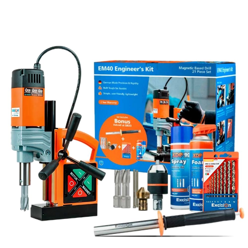 Excision EM40 Engineer's Kit 21 Piece Set Magnetic Drill, TCT Cutters, Cutting Fluid, Keyless Chuck, Countersink, HSS CO Drill Set