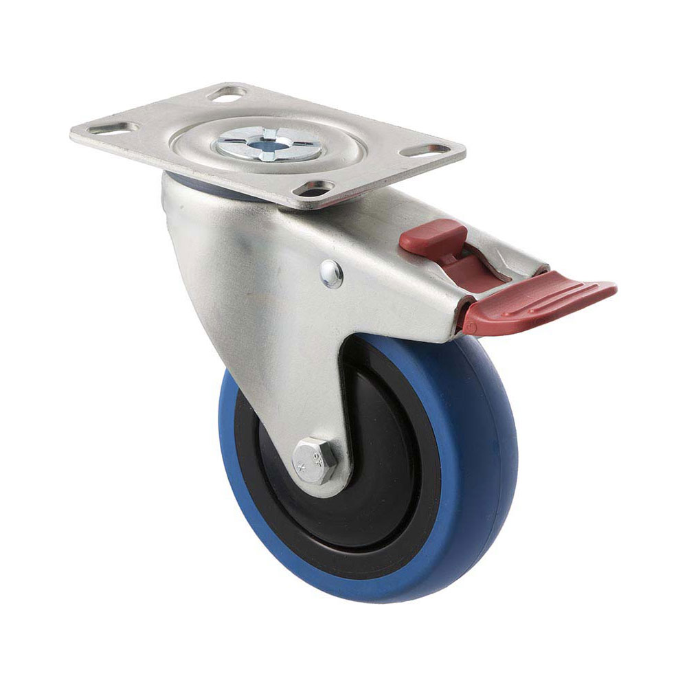 100mm C100 Blue High Resilience Elastomer Ball Bearing Swivel Plate And Total Brake 100kg Castors