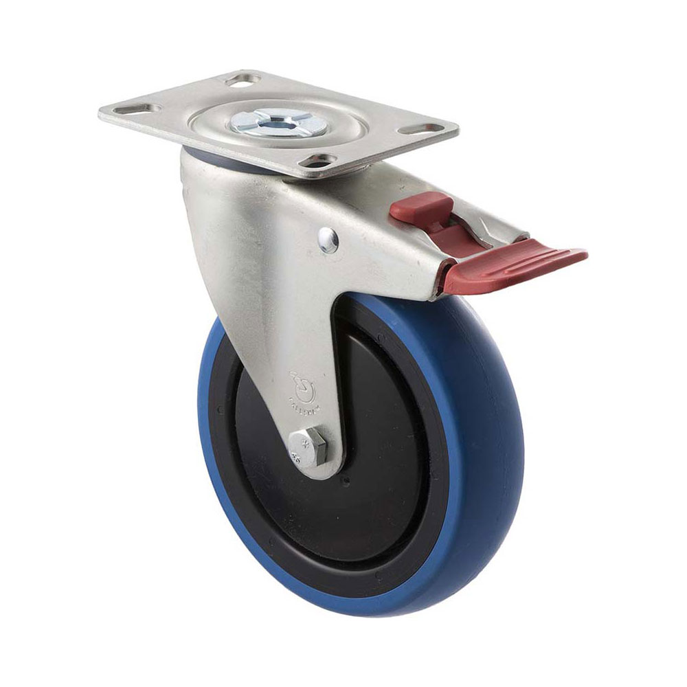125mm C125 Blue High Resilience Elastomer Ball Bearing Swivel Plate And Total Brake 100kg Castors