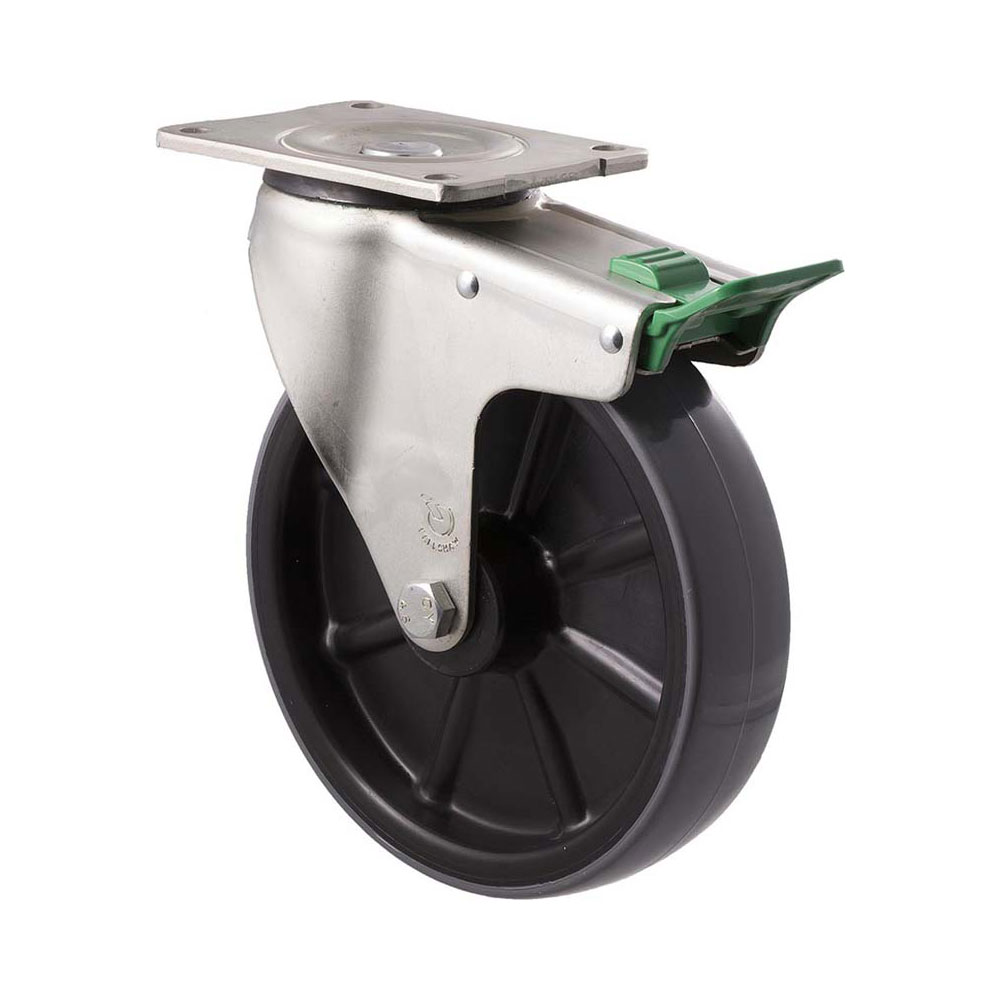 200mm H200 Polyurethane On Nylon Roll Bearing Swivel Plate And Direction Lock 500kg Castors