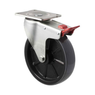 200mm H200 Polyurethane On Nylon Roll Bearing Swivel Plate And Total Brake 500kg Castors