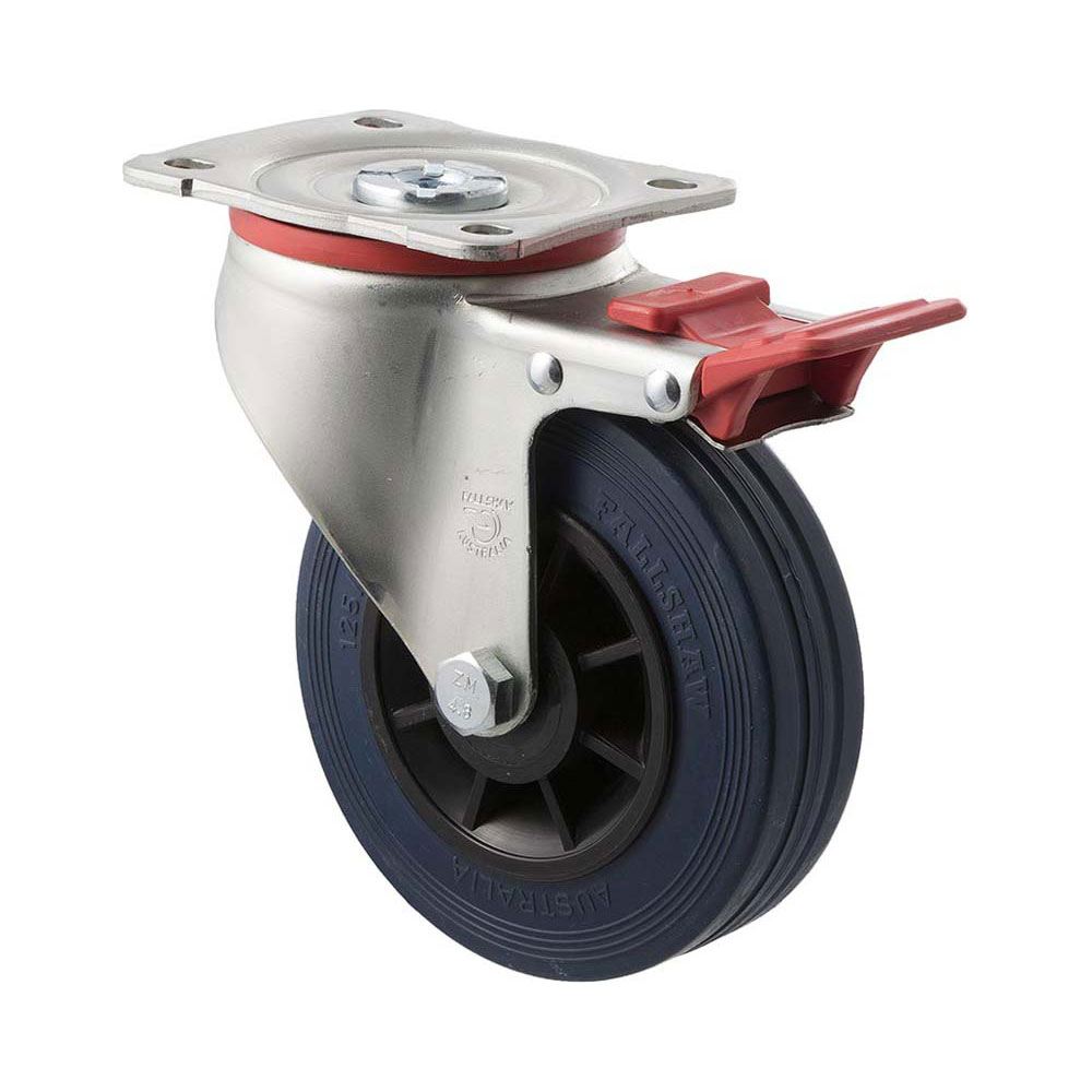 125mm J125 Blue High Resilience Elastomer Roll Bearing Swivel Plate And Total Brake 180kg Castors