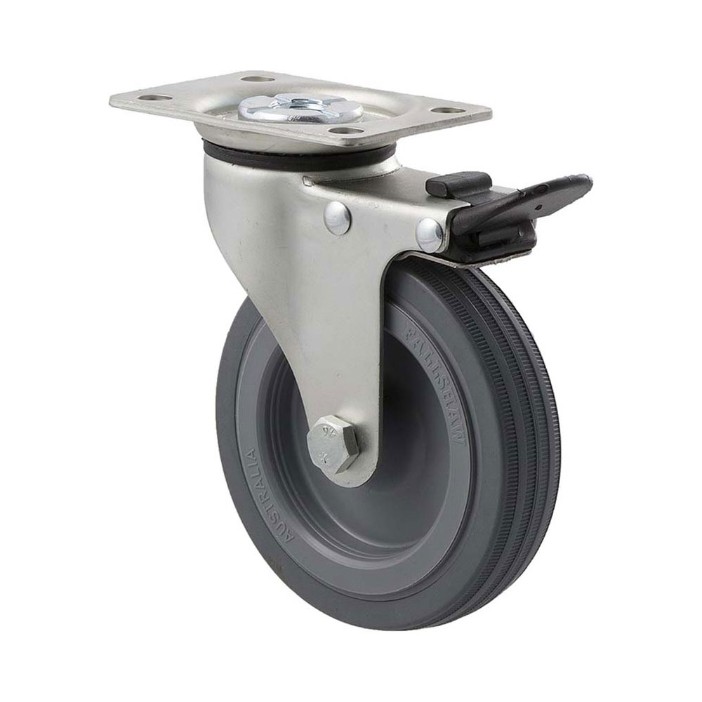 100mm K100 Grey Rubber Plain Bearing Swivel Plate And Total Brake 50kg Castors