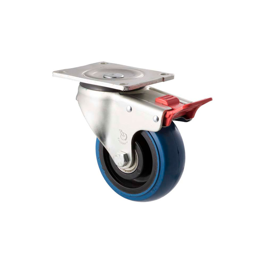 125mm O125 Blue High Resilience Elastomer Ball Bearing Swivel Plate And Total Brake 350kg Castors