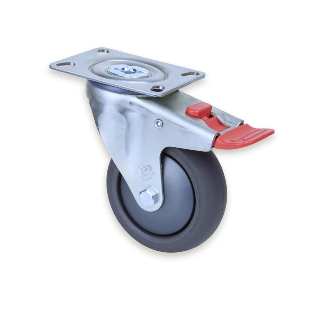 100mm Q100 Grey Polyurethane Ball Bearing Swivel Plate And Total Brake 200kg Castors
