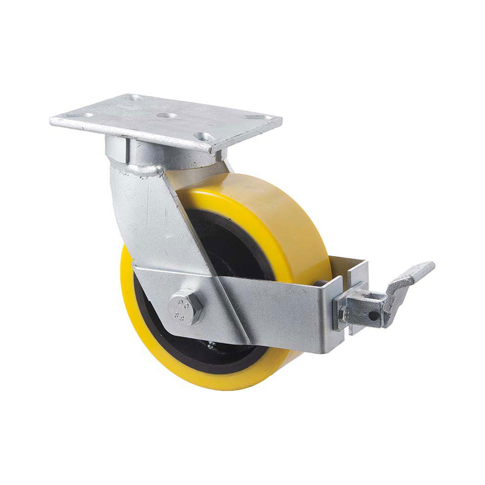 200mm VUQ200 Polyurethane On Cast Iron Ball Bearing Swivel Plate And Wheel Brake 2000kg Castors