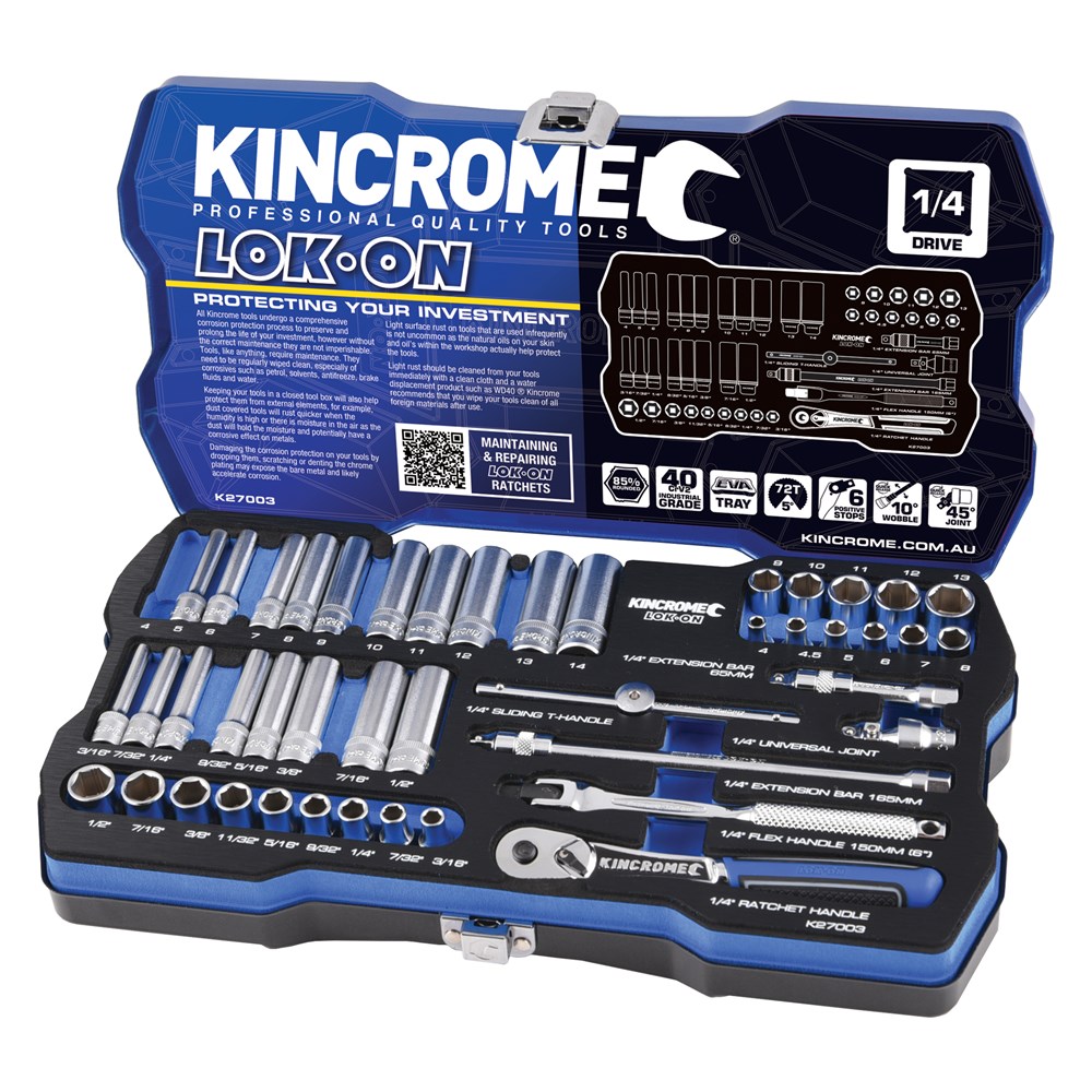 Kincrome LOK-ON™ Socket Set 45 Piece 1/4" Drive - Metric & Imperial