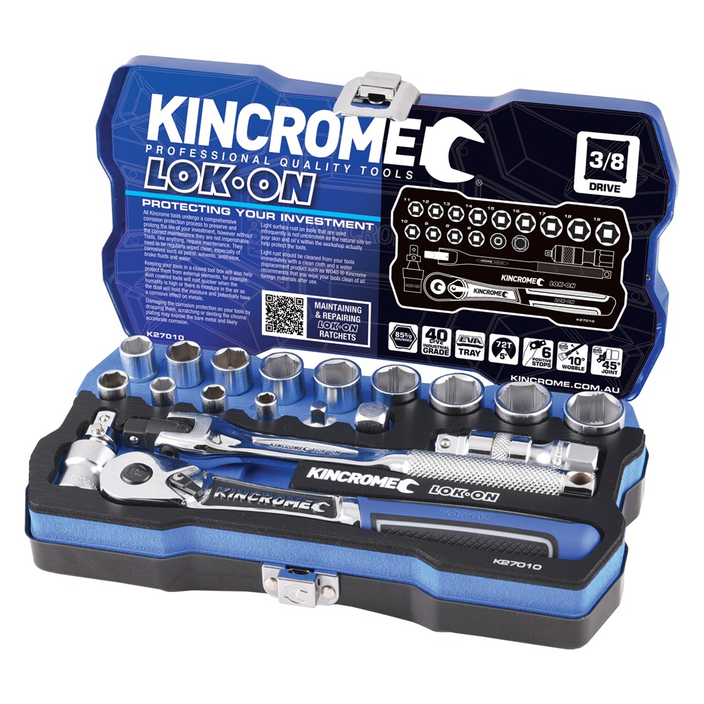 Kincrome LOK-ON™ Socket Set 19 Piece 3/8" Drive - Metric