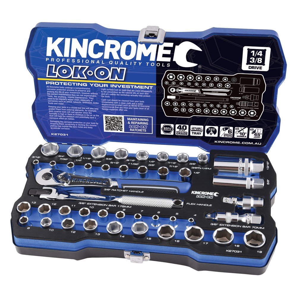 Kincrome LOK-ON™ Socket Set 44 Piece 1/4" & 3/8" Drive - Metric & Imperial