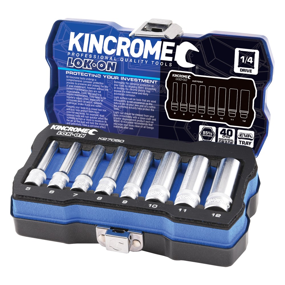 Kincrome LOK-ON™ Socket Set 8 Piece 1/4" Drive - Metric