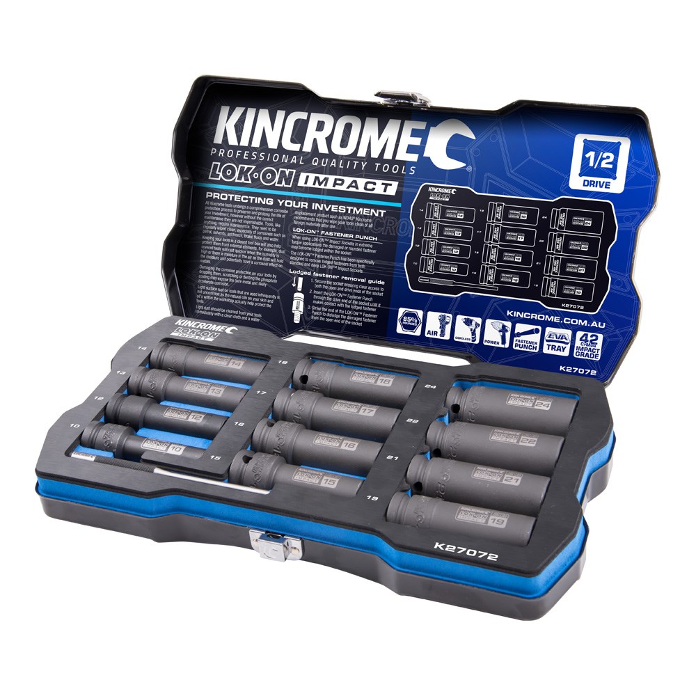 Kincrome LOK-ON™ Deep Impact Socket Set 12 Piece 1/2" Drive