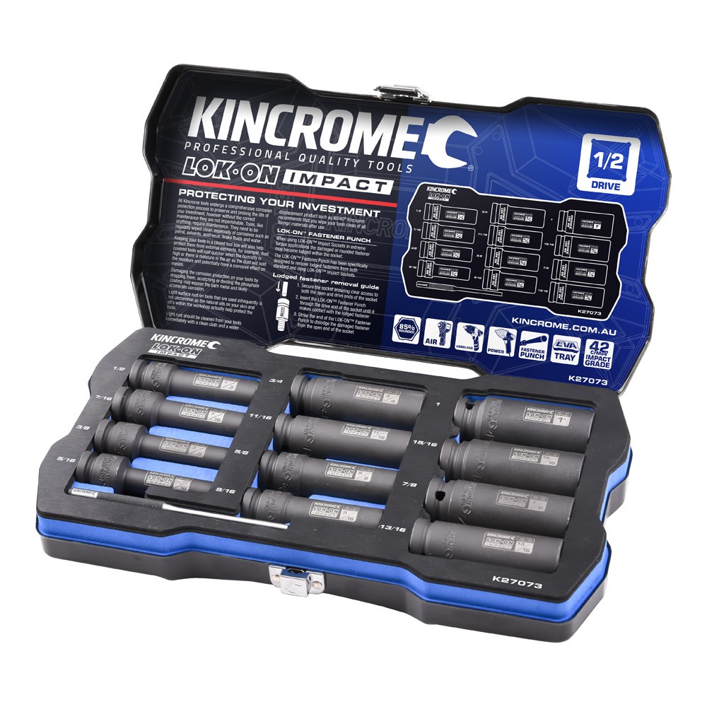 Kincrome LOK-ON™ Deep Impact Socket Set 12 Piece 1/2" Drive