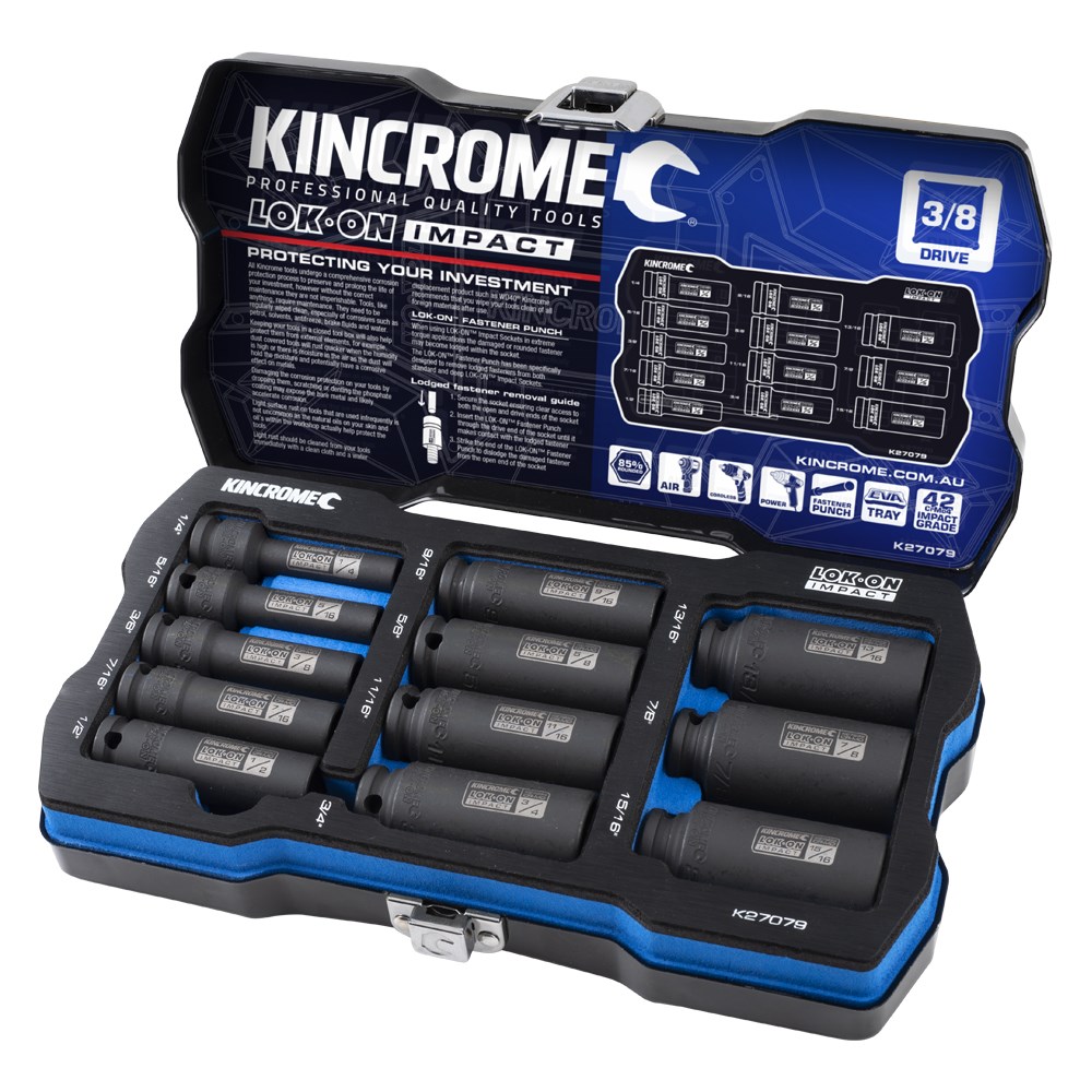 Kincrome LOK-ON™ Deep Impact Socket Set 12 Piece 3/8" Drive - Imperial