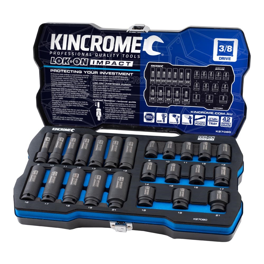 Kincrome LOK-ON™ Standard & Deep Impact Socket Set 24 Piece 3/8" Drive - Metric