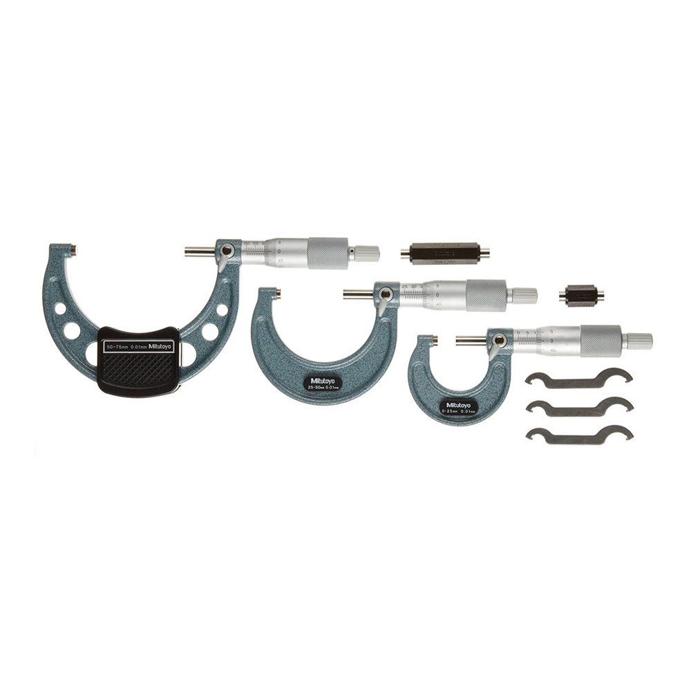Mitutoyo Outside Micrometer Sets 0-75mm Range, 0.01mm Graduation, 3 Piece