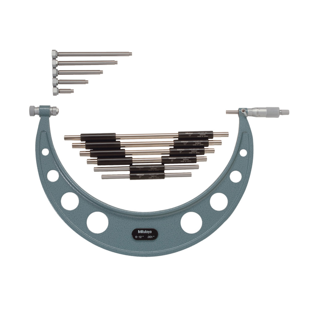 Mitutoyo Outside Micrometer with Ratchet Stop 6-12" Range, .001" Graduation with 6 Interchangeable Anvils