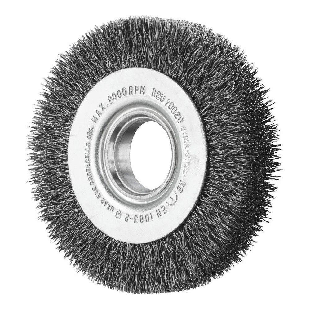 Wheel Brush with Arbor Hole - Crimped STEEL Wire - Suits Bench & Straight Grinders RBU 10020/14.0 ST 0.30