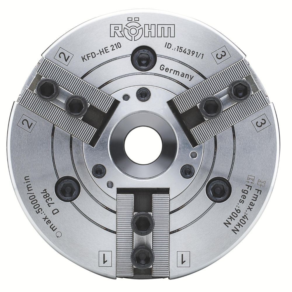 Rohm Power Chuck Through-Hole KFD-HE 210mm, 3-Jaw, Tongue + Groove, Cylindrical Centre Mount
