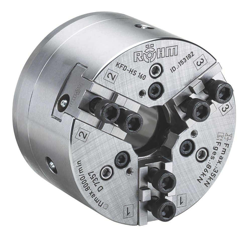 Rohm Power Chuck Through-Hole KFD 200mm, 3-Jaw, Tongue + Groove, Cylindrical Centre Mount