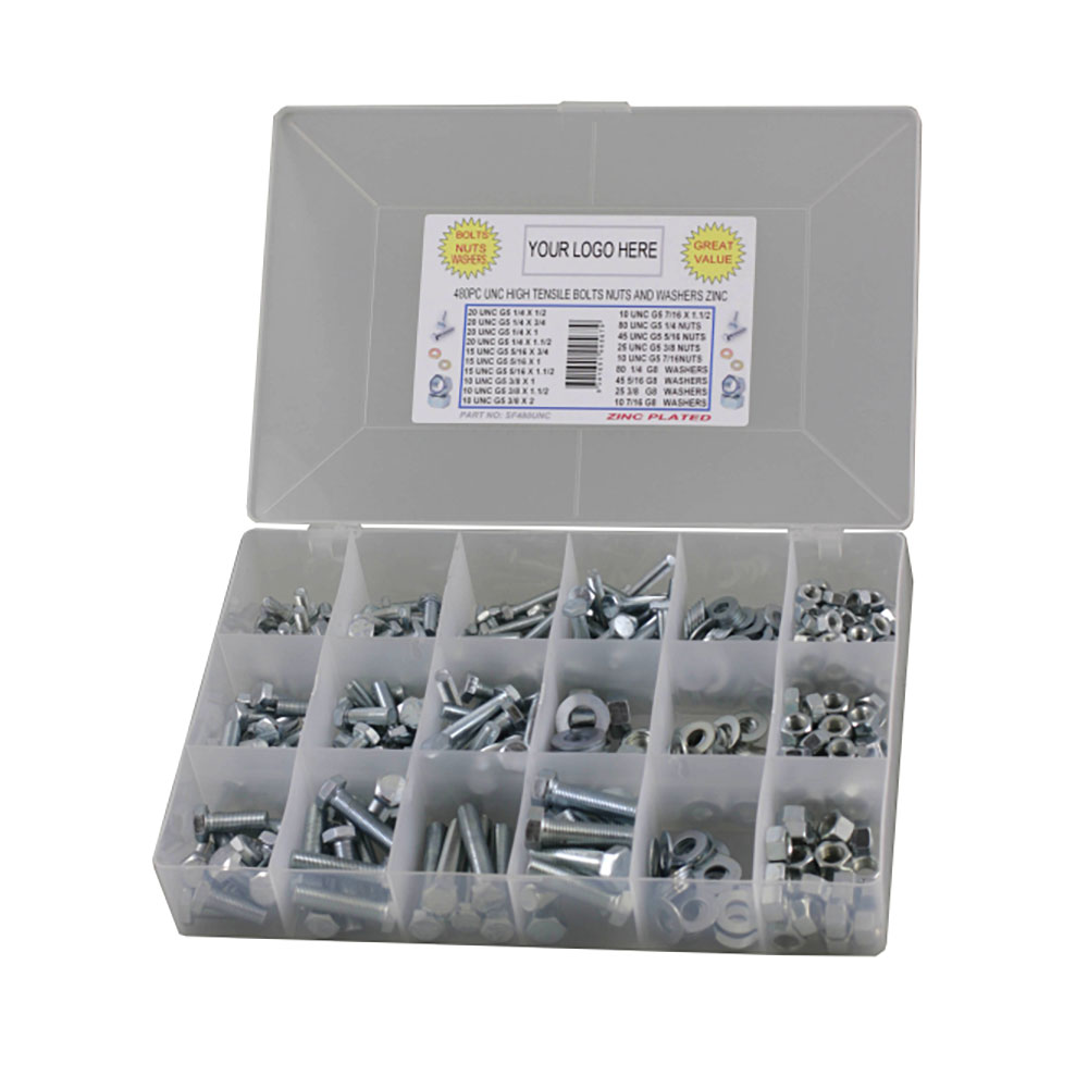 480pc Imperial UNC Hex Bolt Nut & Washer Kit G5 Zinc Plated