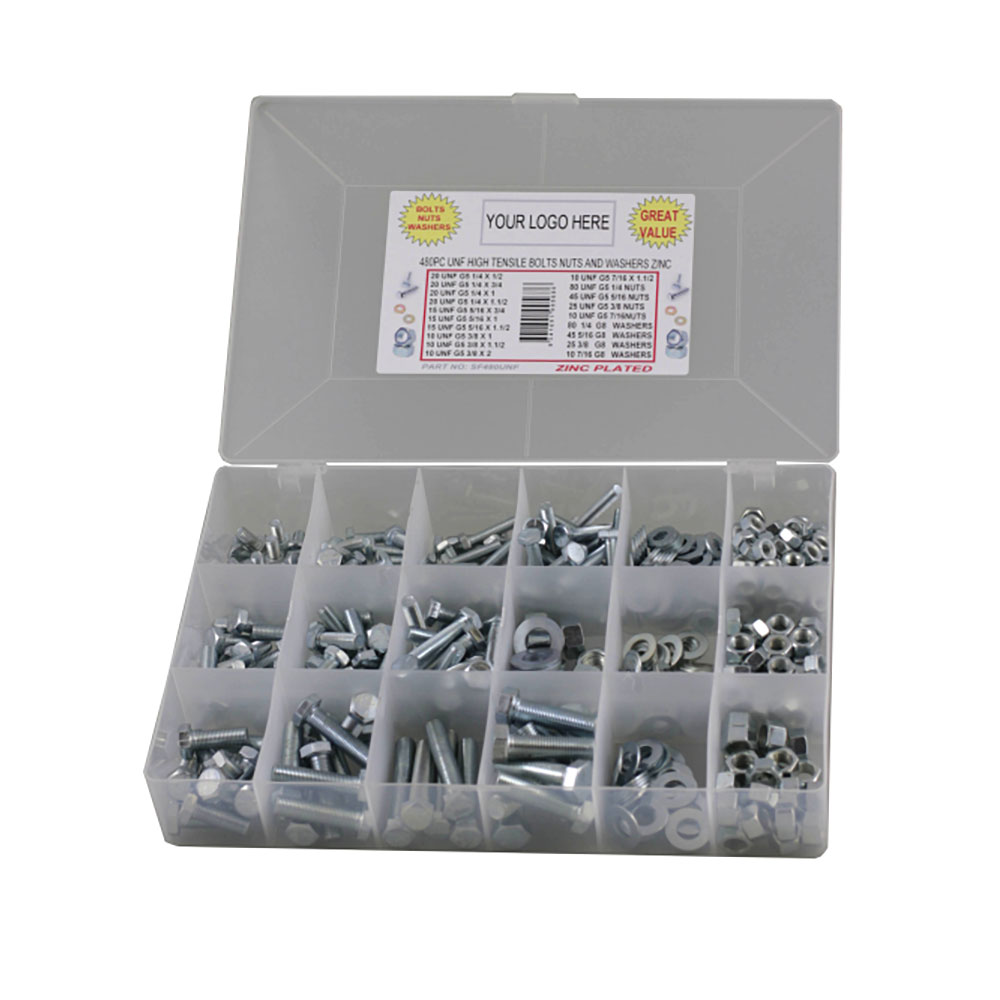 480pc Imperial UNF Hex Bolt Nut & Washer Kit G5 Zinc Plated Bolts & Industrial Supplies