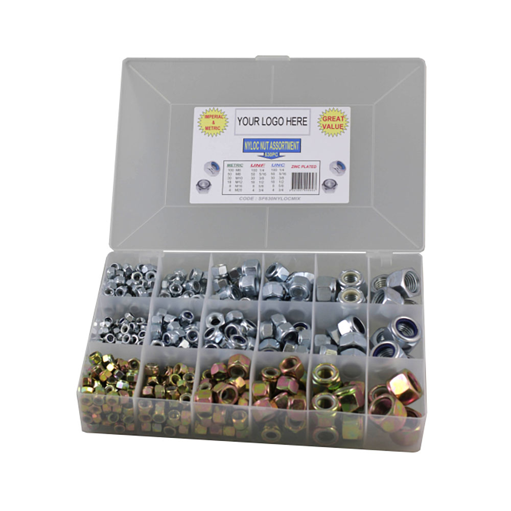 630pc Metric Coarse UNC & UNF Nyloc Nut Kit Zinc Plated