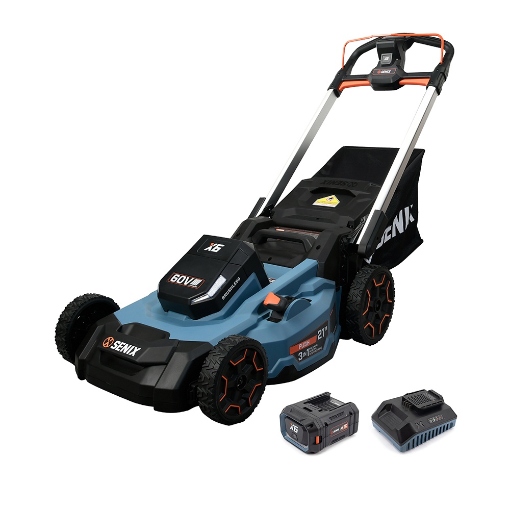 Senix X6 60V Brushless 53cm (21") Push Lawn Mower Kit (1x 53cm/21" Brushless Push Lawn Mower, 1x 8Ah Battery, 1x 5Ah Charger)