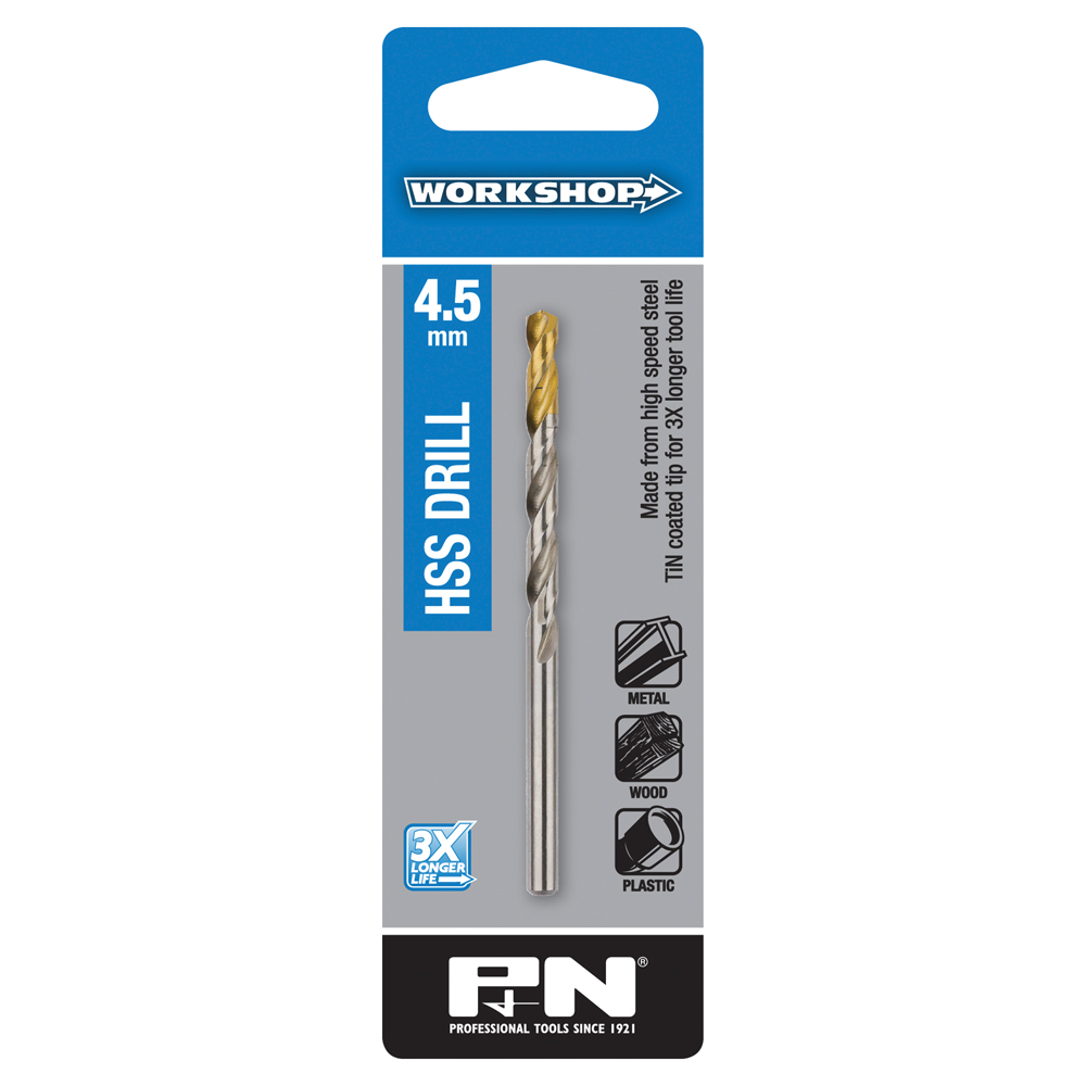 Drill Bit HSS DIN338 TiN Tip 4.50mm Metric P&N Workshop S/P